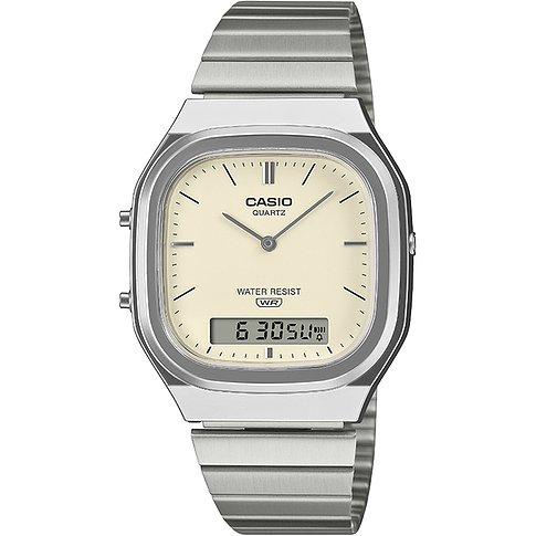 Casio Unisexuhr mit silbernem Resin-Armband und einem eckigen Gehäuse mit cremfarbenem Zifferblatt.