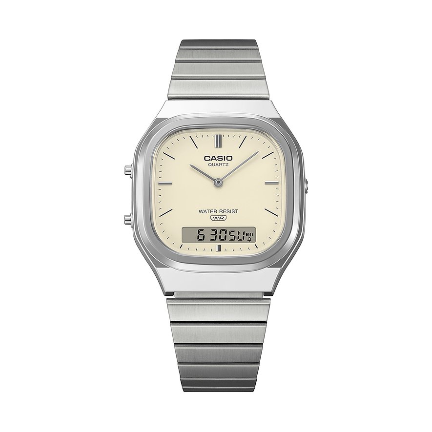 Casio Unisexuhr mit quadratischem silbernem Resin-Gehäuse und Band, weißem Zifferblatt und Digitalanzeige.