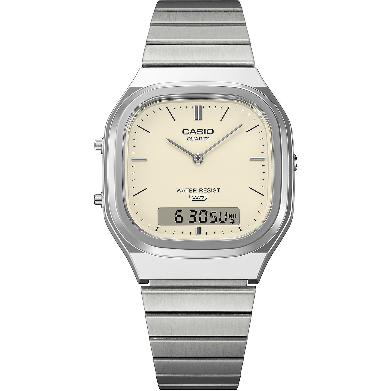 Casio Unisexuhr mit quadratischem silbernem Resin-Gehäuse und Band, weißem Zifferblatt und Digitalanzeige.