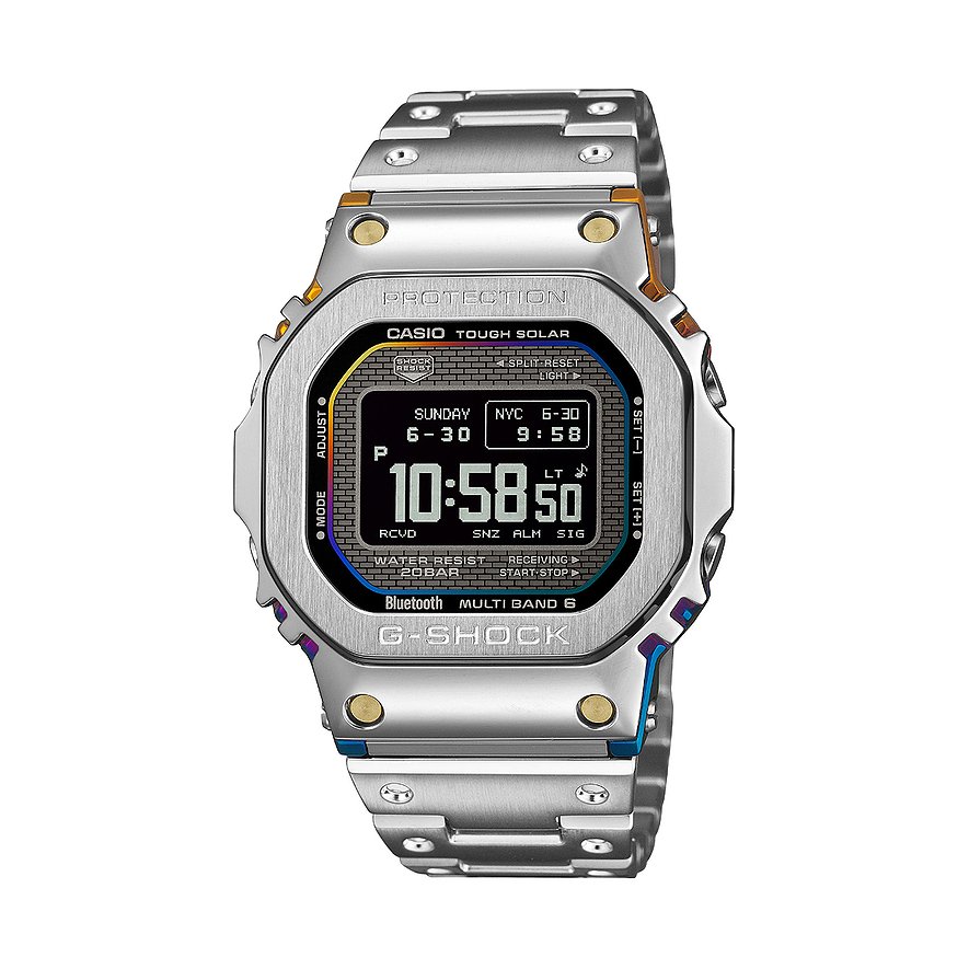 Die G-Shock Herrenuhr aus Edelstahl zeigt ein digitales Display mit Uhrzeit 10:58 50 und Datum Sonntag 6-30.