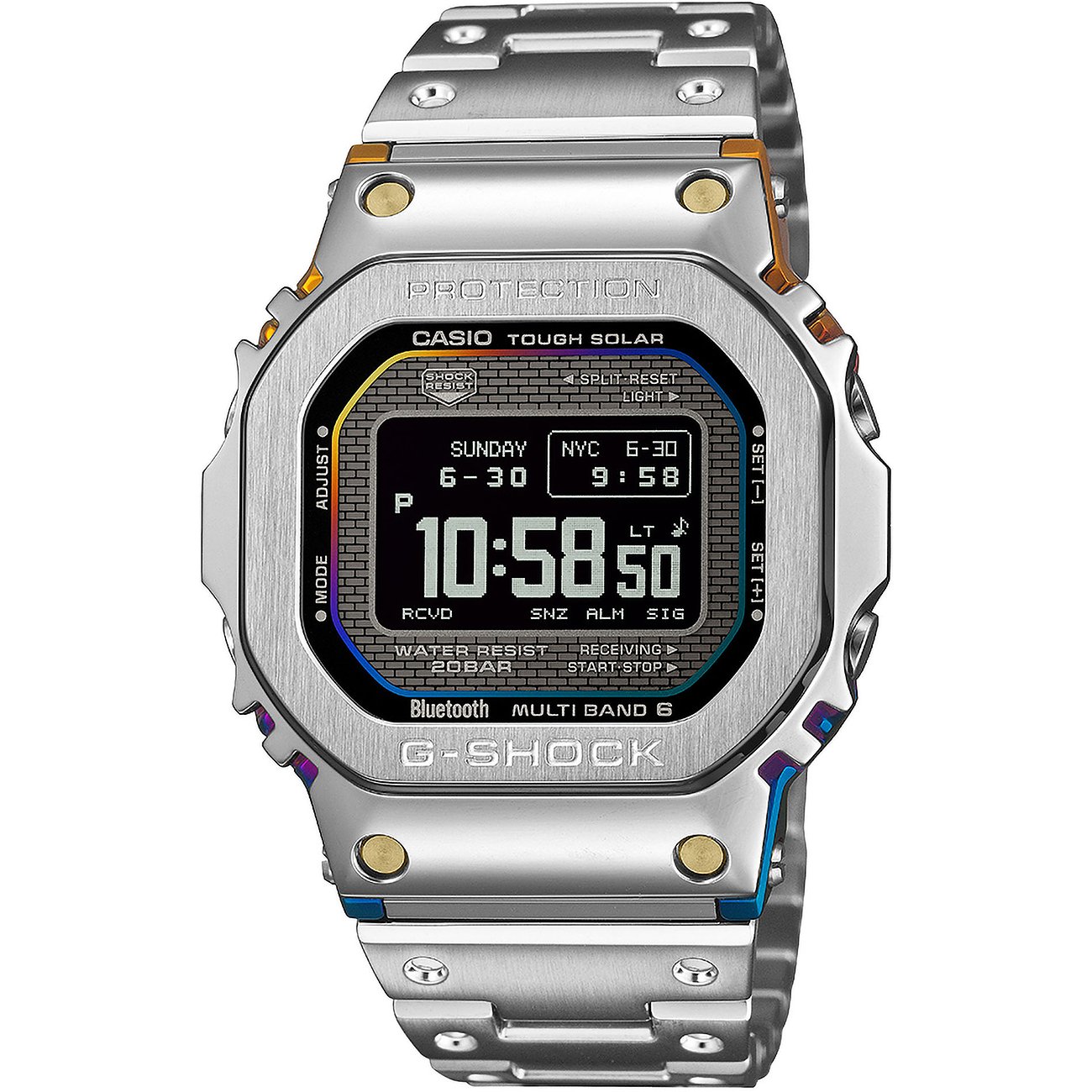 Die G-Shock Herrenuhr aus Edelstahl zeigt ein digitales Display mit Uhrzeit 10:58 50 und Datum Sonntag 6-30.