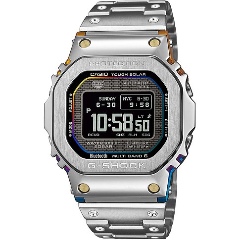Die G-Shock Herrenuhr aus Edelstahl zeigt ein digitales Display mit Uhrzeit 10:58 50 und Datum Sonntag 6-30.