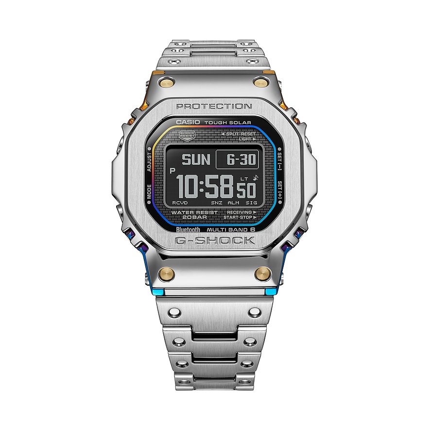 G-Shock Herrenuhr aus silbernem Edelstahl, Digitalanzeige, mit „TOUGH SOLAR“ und „Bluetooth“ Funktionen.
