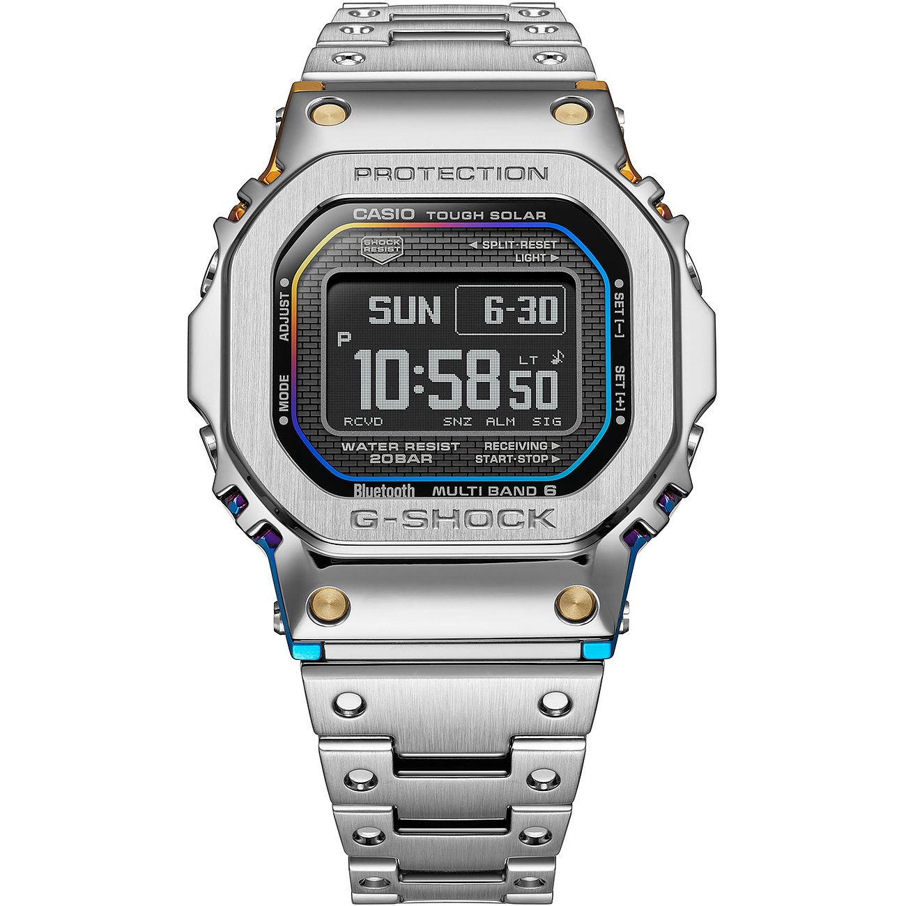 G-Shock Herrenuhr aus silbernem Edelstahl, Digitalanzeige, mit „TOUGH SOLAR“ und „Bluetooth“ Funktionen.