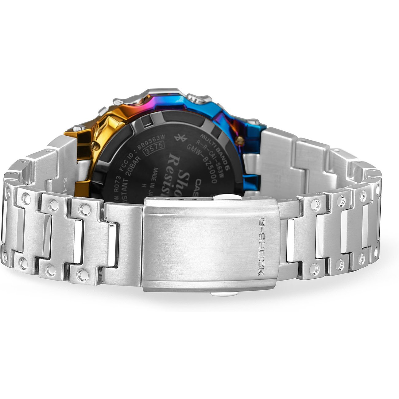 Rückansicht der G-Shock Herrenuhr aus Edelstahl mit schillerndem, mehrfarbigem Gehäuse und silbernem Armband.