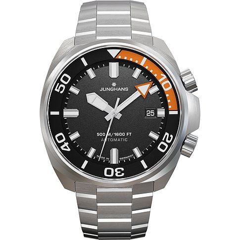 Junghans Herrenuhr aus Edelstahl in Silber mit einem schwarzen Zifferblatt und orangefarbenen Akzenten.