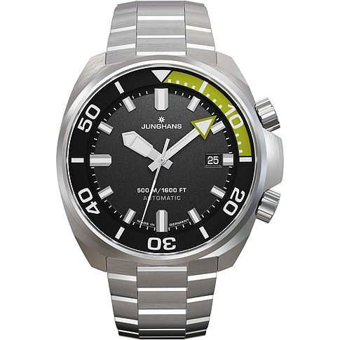 Junghans Herrenuhr aus Edelstahl mit dunklem Zifferblatt, grünen Akzenten und Datumsanzeige.