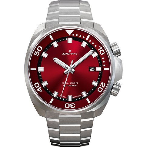 Junghans Herrenuhr aus Edelstahl mit leuchtend rotem Zifferblatt und silbernen Zeigern und Indizes.