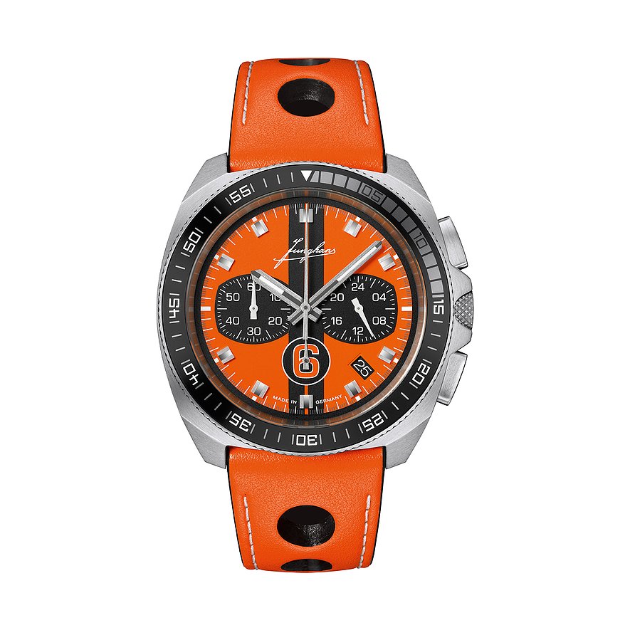 Junghans Herrenuhr aus Edelstahl mit leuchtend orangefarbenem Zifferblatt und schwarzem Rennstreifen.