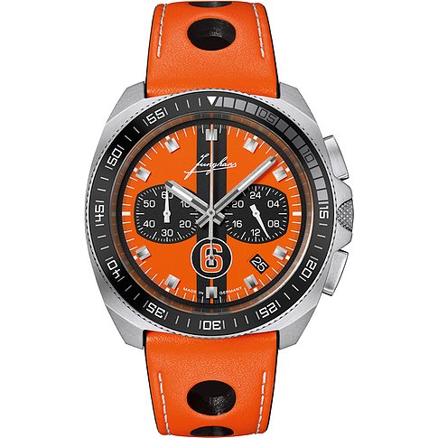 Junghans Herrenuhr aus Edelstahl mit leuchtend orangefarbenem Zifferblatt und schwarzem Rennstreifen.