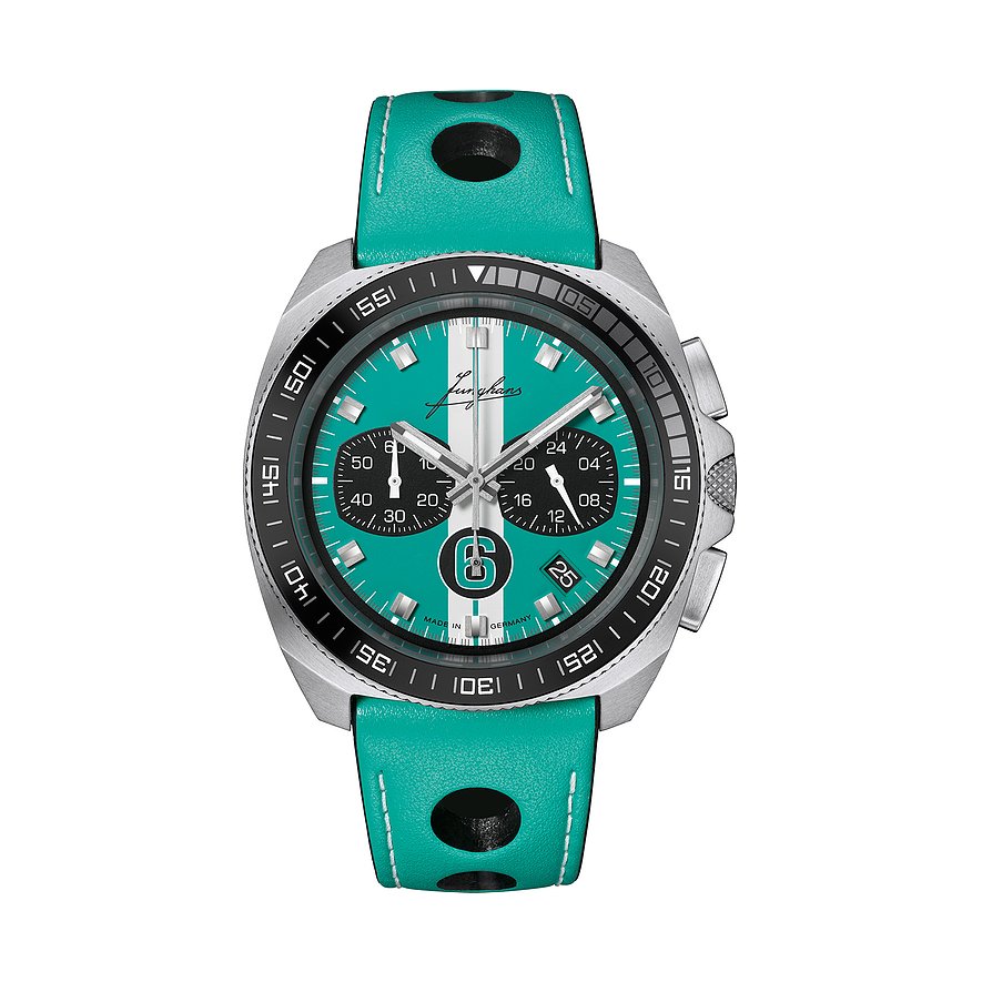 Junghans Herrenuhr aus Edelstahl mit türkisem Zifferblatt und türkisfarbenem Lederarmband.