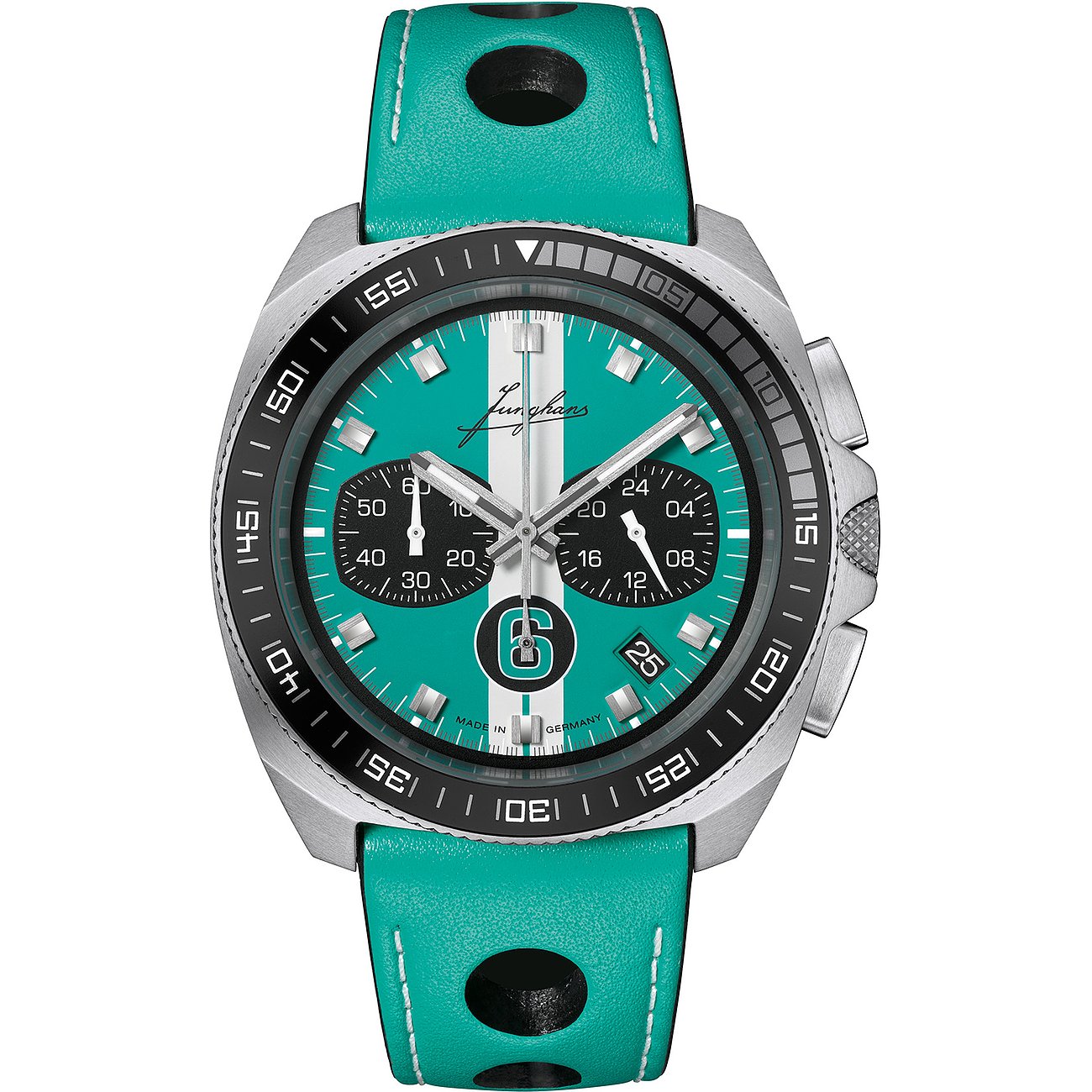 Junghans Herrenuhr aus Edelstahl mit türkisem Zifferblatt und türkisfarbenem Lederarmband.