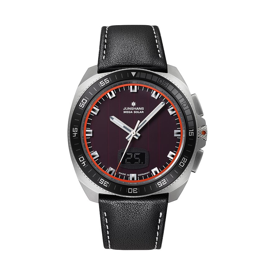 Junghans MEGA SOLAR Herrenuhr aus silberfarbenem Edelstahl mit schwarzem Lederarmband und dunklem Zifferblatt.