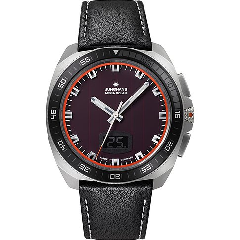 Junghans MEGA SOLAR Herrenuhr aus silberfarbenem Edelstahl mit schwarzem Lederarmband und dunklem Zifferblatt.