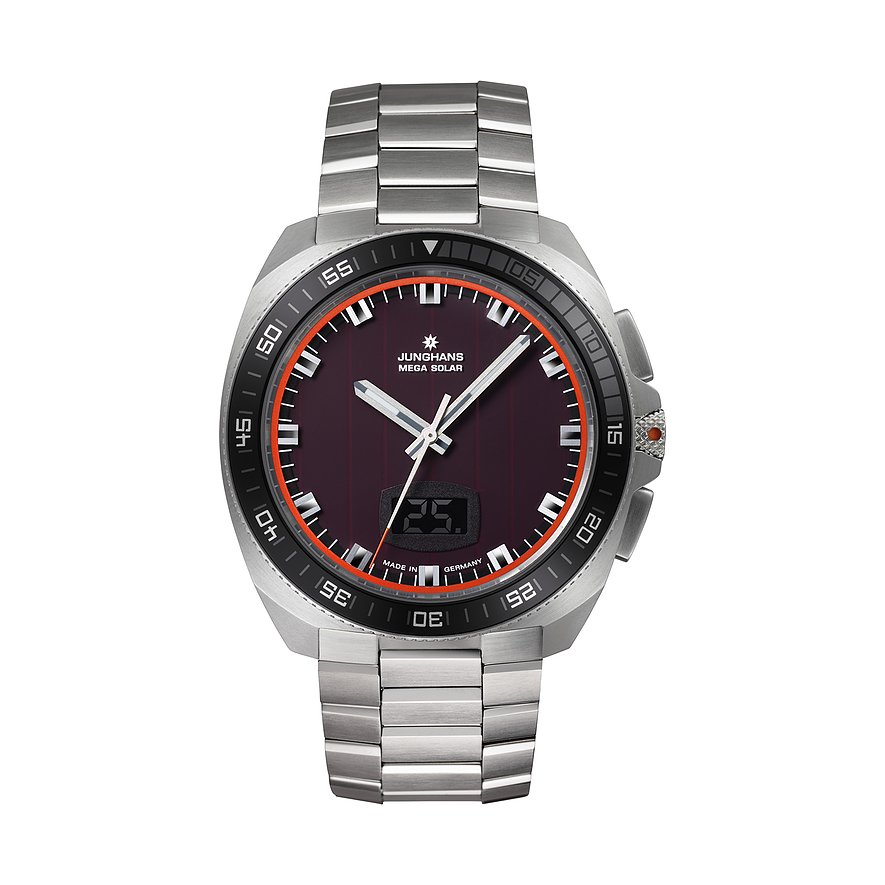 Junghans Herrenuhr mit Edelstahlarmband und grauem Gehäuse. Das Zifferblatt ist auberginefarben mit einem digitalen Fenster.