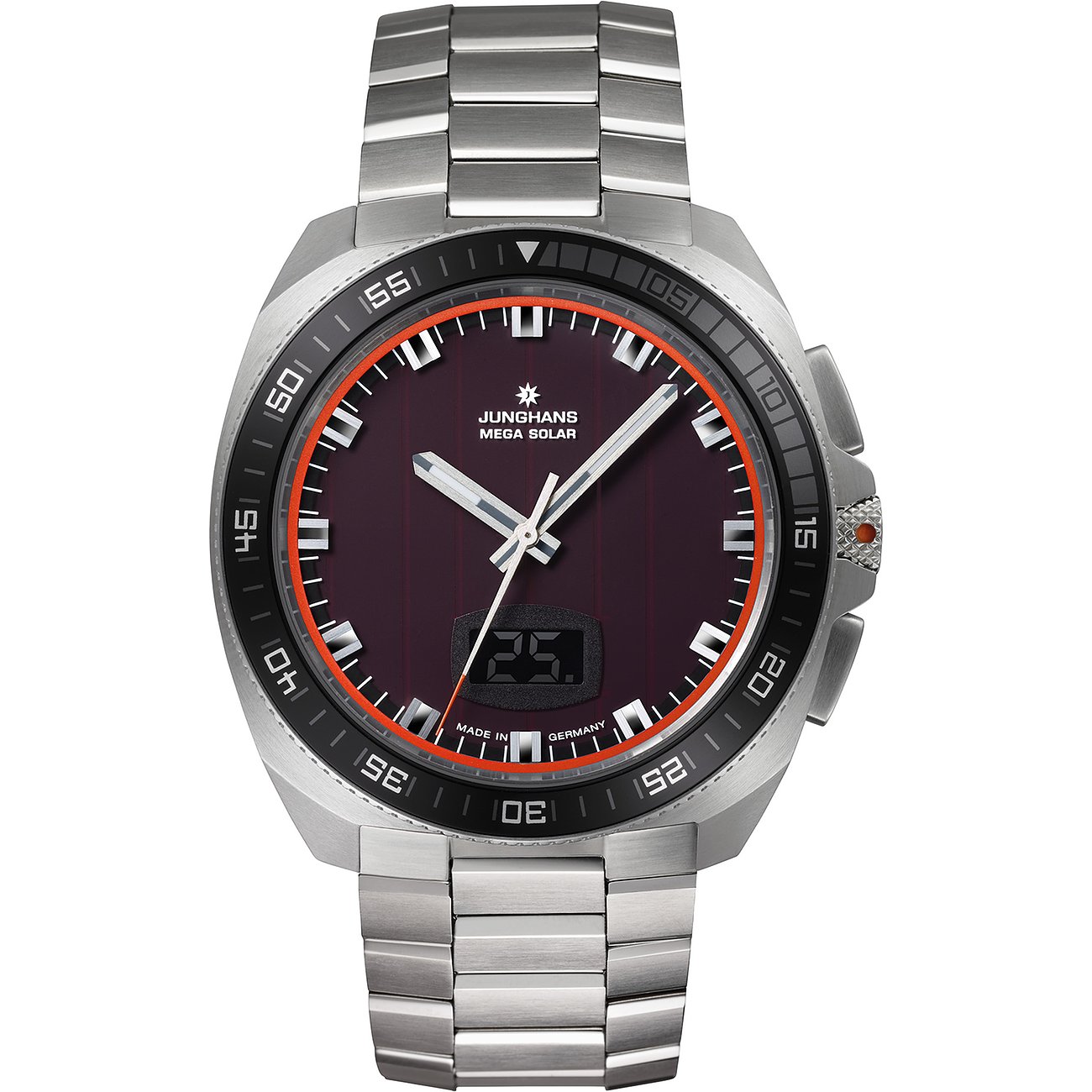Junghans Herrenuhr mit Edelstahlarmband und grauem Gehäuse. Das Zifferblatt ist auberginefarben mit einem digitalen Fenster.