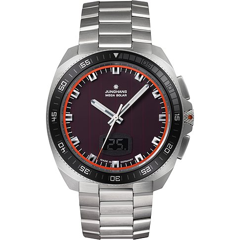 Junghans Herrenuhr mit Edelstahlarmband und grauem Gehäuse. Das Zifferblatt ist auberginefarben mit einem digitalen Fenster.