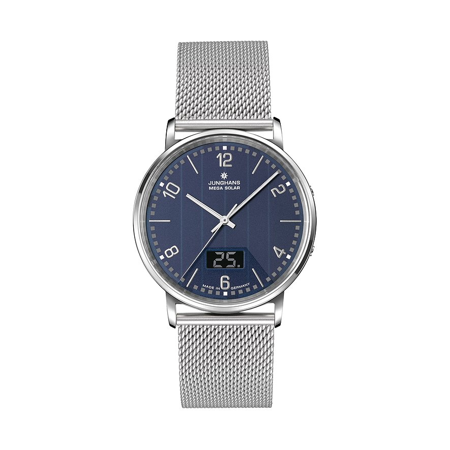 Junghans Herrenuhr aus silbernem Edelstahl mit blauem Zifferblatt und einem Milanaise-Armband zu sehen.