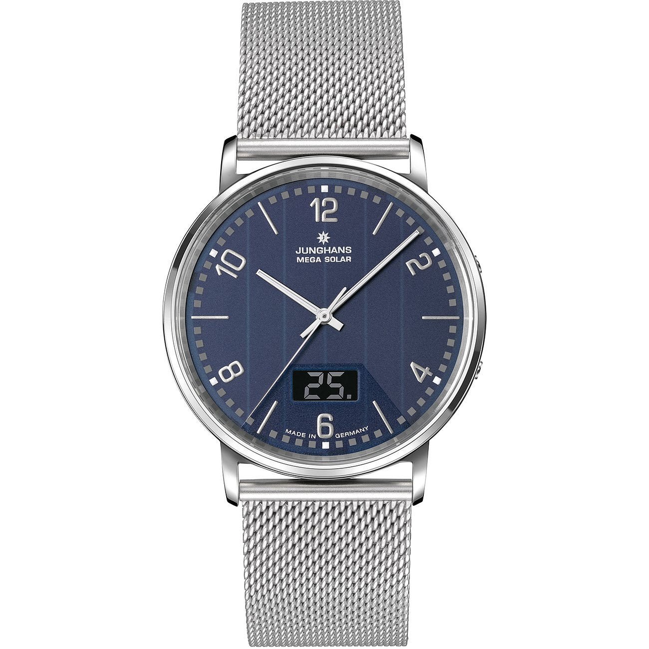 Junghans Herrenuhr aus silbernem Edelstahl mit blauem Zifferblatt und einem Milanaise-Armband zu sehen.
