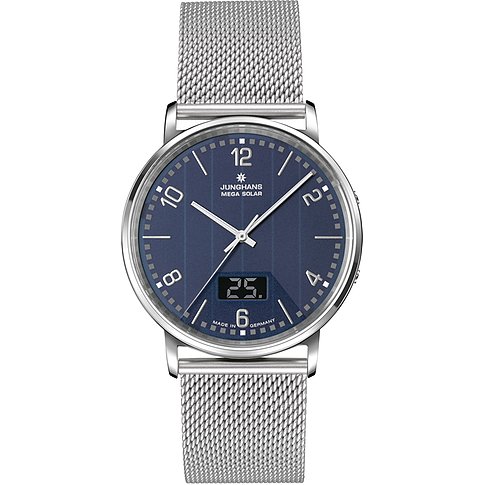 Junghans Herrenuhr aus silbernem Edelstahl mit blauem Zifferblatt und einem Milanaise-Armband zu sehen.
