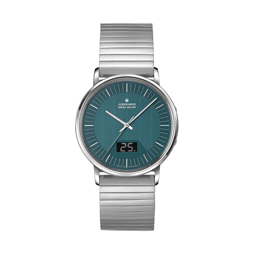 Junghans MEGA SOLAR Herrenuhr aus Edelstahl mit rundem, silbernem Gehäuse und türkisem Zifferblatt.