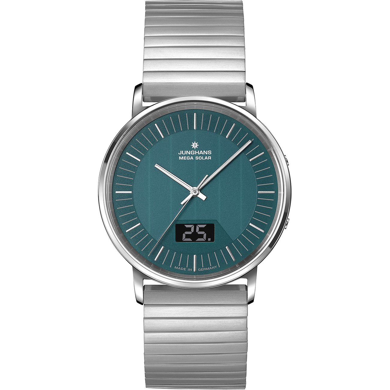 Junghans MEGA SOLAR Herrenuhr aus Edelstahl mit rundem, silbernem Gehäuse und türkisem Zifferblatt.