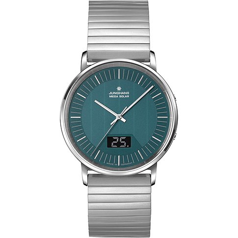 Junghans MEGA SOLAR Herrenuhr aus Edelstahl mit rundem, silbernem Gehäuse und türkisem Zifferblatt.