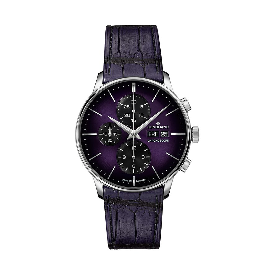 Junghans Herrenuhr aus Edelstahl mit lila Zifferblatt und Chronographenfunktionen, einem dunkelblauen Lederarmband.