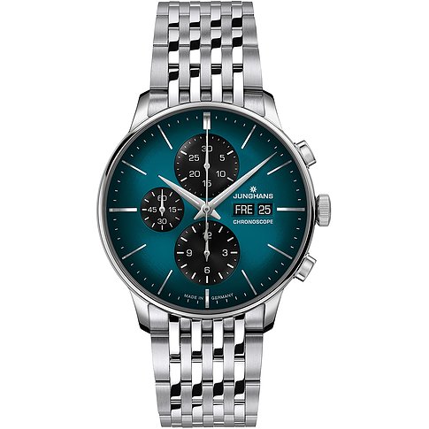 Junghans Herrenuhr aus Edelstahl mit türkisem Zifferblatt und silbern glänzendem Uhrwerk.