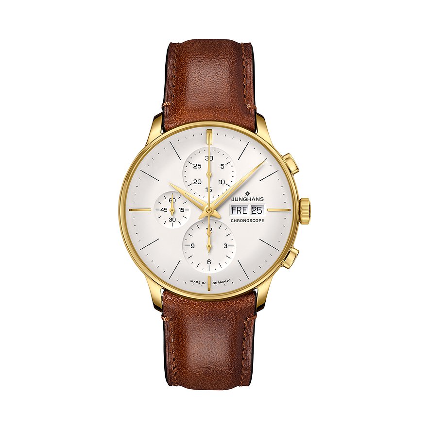 Junghans Herrenuhr aus goldfarbenem Edelstahl mit weißem Zifferblatt, braunem Lederarmband und Chronographenfunktion.