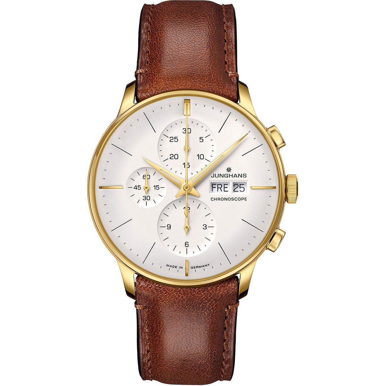 Junghans Herrenuhr aus goldfarbenem Edelstahl mit weißem Zifferblatt, braunem Lederarmband und Chronographenfunktion.