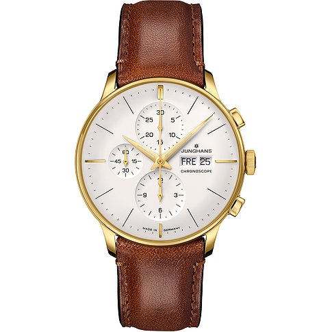 Junghans Herrenuhr aus goldfarbenem Edelstahl mit weißem Zifferblatt, braunem Lederarmband und Chronographenfunktion.