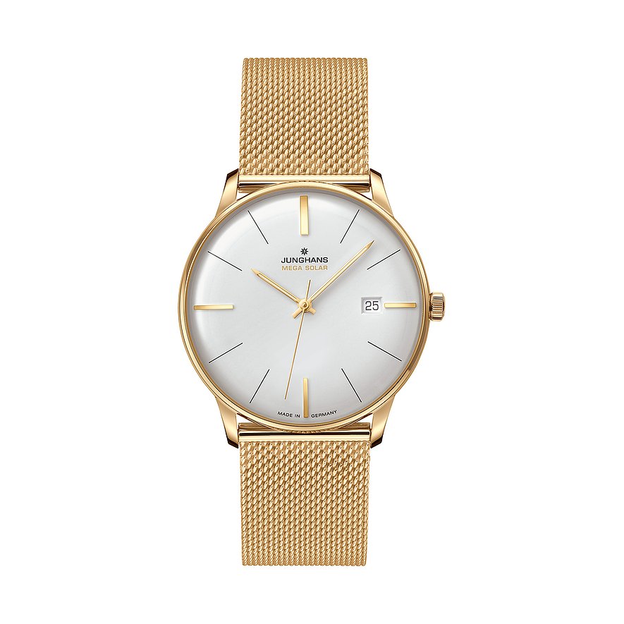 Junghans Unisexuhr aus goldenem Edelstahl mit weißem Zifferblatt und goldenem Mesh-Armband, Vorderansicht.