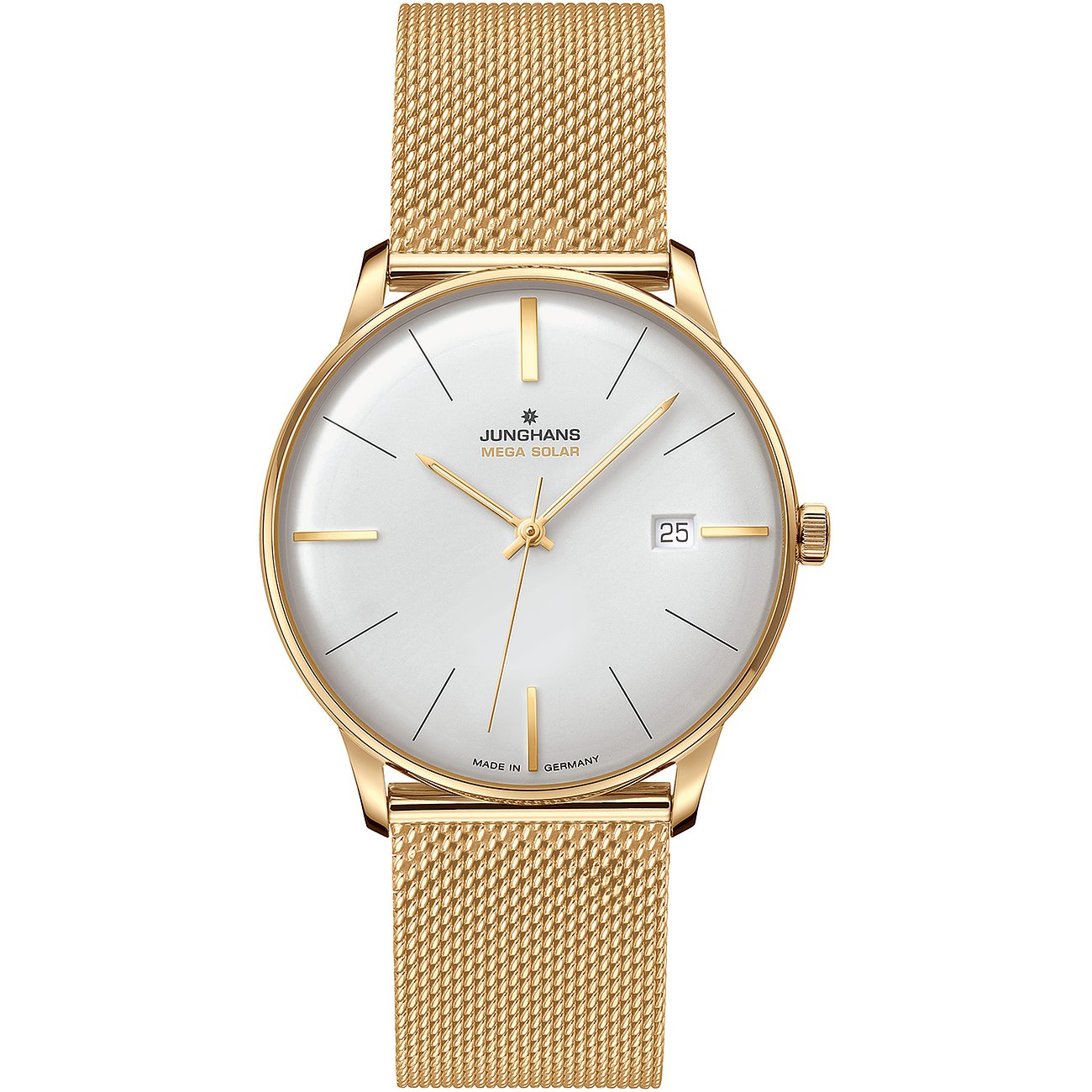 Junghans Unisexuhr aus goldenem Edelstahl mit weißem Zifferblatt und goldenem Mesh-Armband, Vorderansicht.