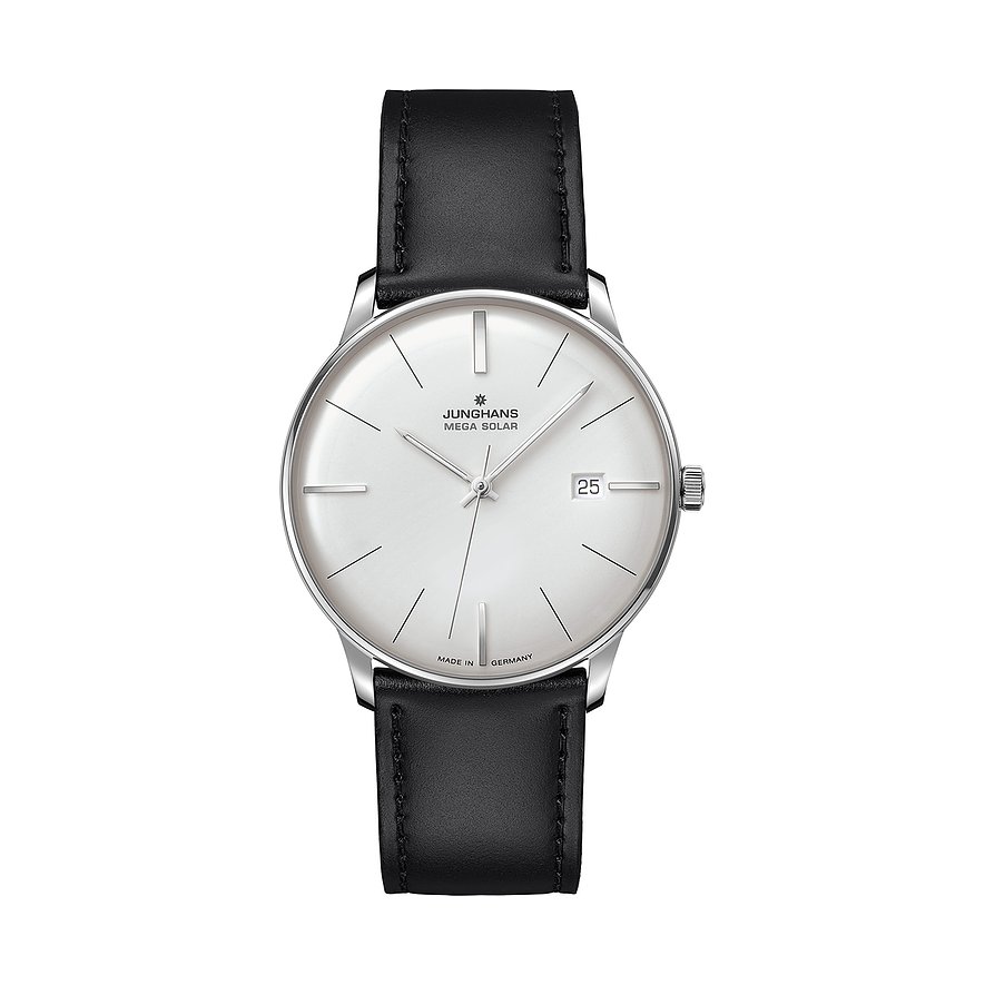 Junghans Unisexuhr aus Edelstahl mit weißem Zifferblatt und schwarzem Lederarmband, Vorderansicht.