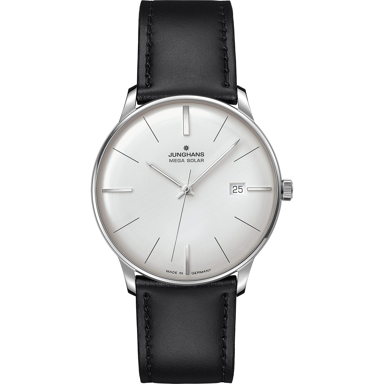 Junghans Unisexuhr aus Edelstahl mit weißem Zifferblatt und schwarzem Lederarmband, Vorderansicht.