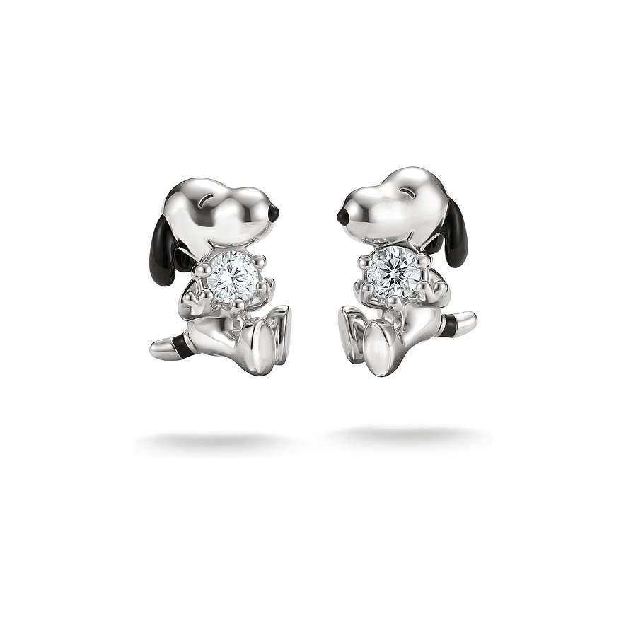 Zwei Thomas Sabo Ohrstecker aus 925er Silber und Emaille in Form von Snoopy, der einen klaren Zirkonia in den Pfoten hält.