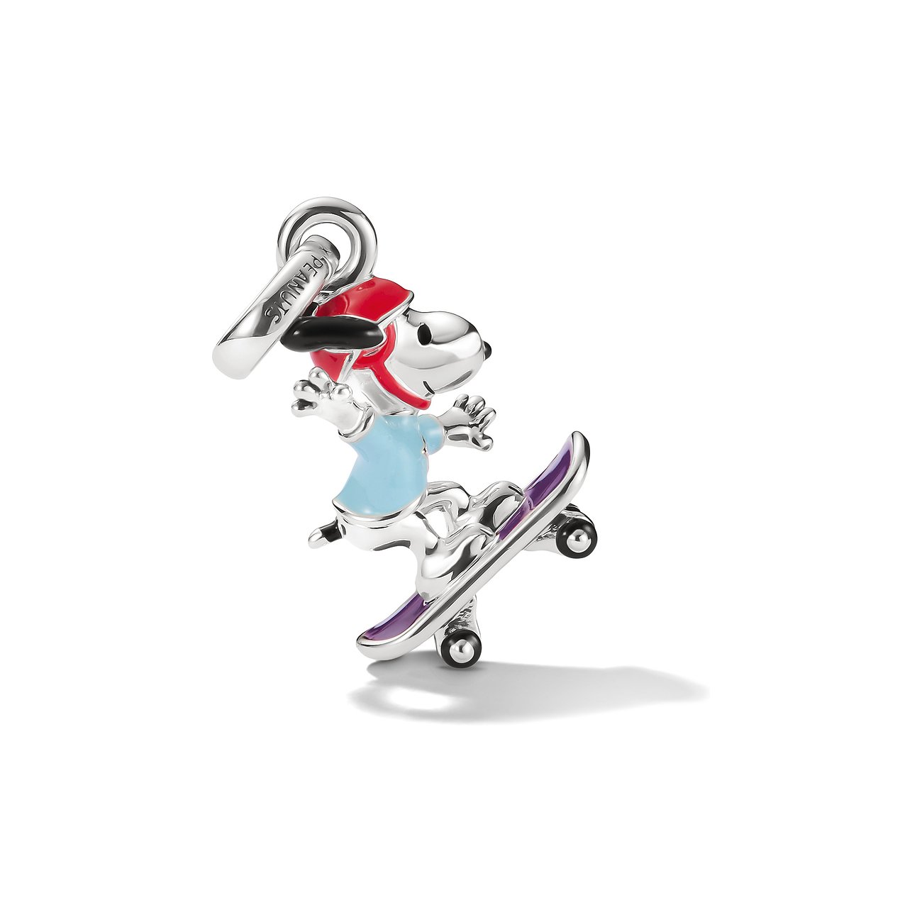 Pendentif Thomas Sabo Peanuts: Snoopy, casque rouge, t-shirt bleu clair sur skateboard violet, argent 925.