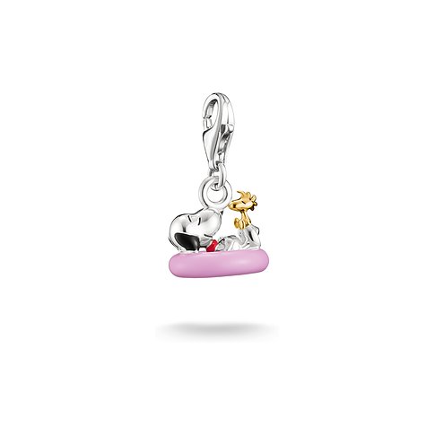 Thomas Sabo vedhæng i 925 sølv og emalje. Viser Snoopy og Woodstock på en pink madras.