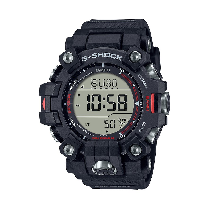 G-Shock Herrenuhr aus schwarzem Resin, digitale Anzeige mit 10:58 Uhrzeit und MUDMAN-Schriftzug.