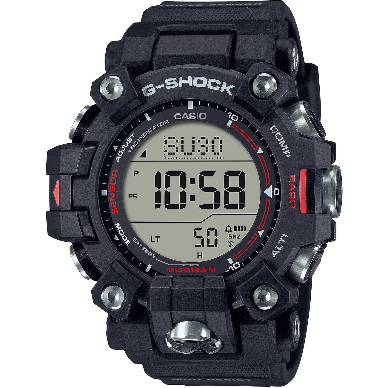 G-Shock Herrenuhr aus schwarzem Resin, digitale Anzeige mit 10:58 Uhrzeit und MUDMAN-Schriftzug.