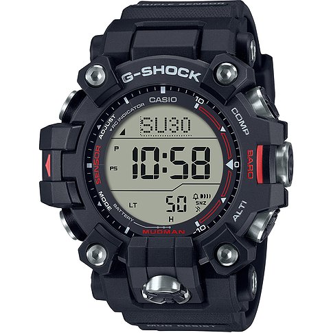 G-Shock Herrenuhr aus schwarzem Resin, digitale Anzeige mit 10:58 Uhrzeit und MUDMAN-Schriftzug.
