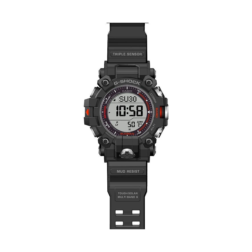 Die G-Shock Herrenuhr aus schwarzem Resin zeigt eine digitale Anzeige mit roten Akzenten und schwarzen Knöpfen.