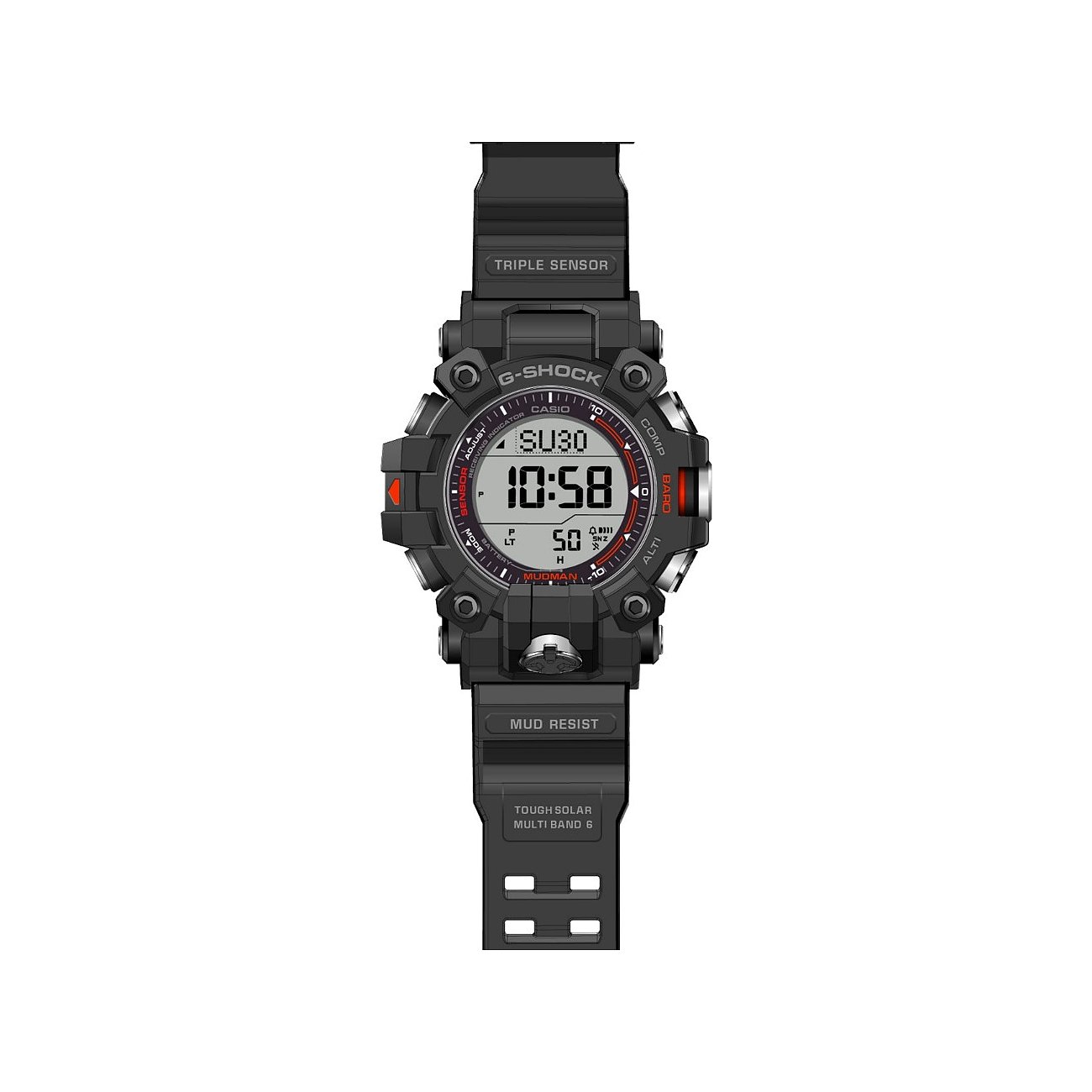 Die G-Shock Herrenuhr aus schwarzem Resin zeigt eine digitale Anzeige mit roten Akzenten und schwarzen Knöpfen.