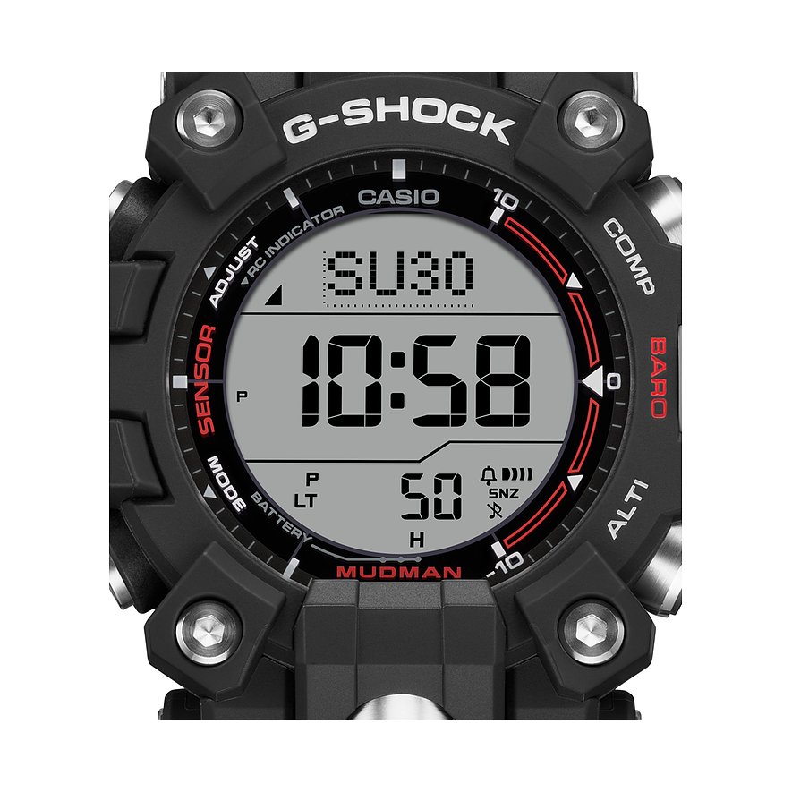 Nahaufnahme der Anzeige einer G-Shock Herrenuhr aus Resin, die 10:58 Uhr anzeigt.