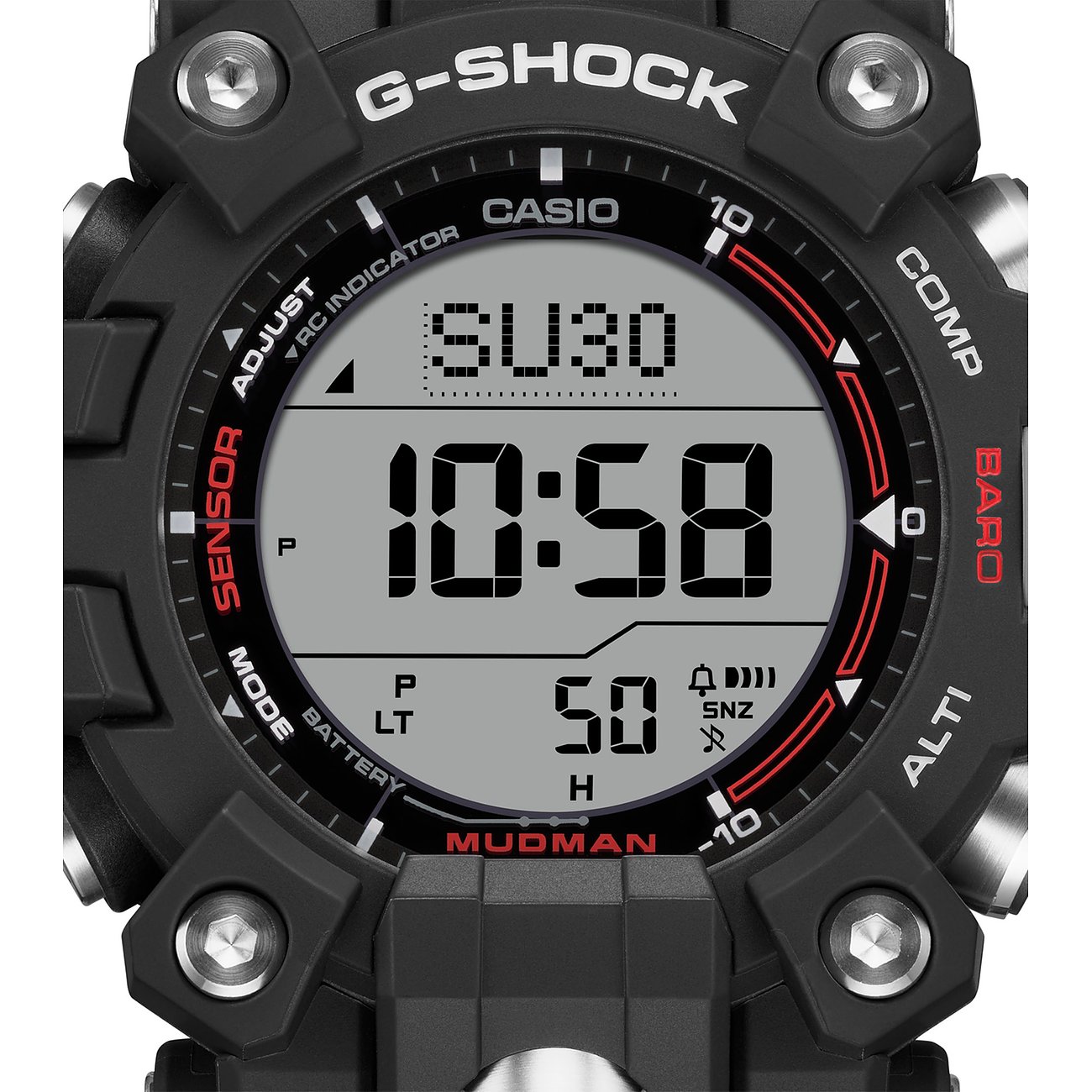 Nahaufnahme der Anzeige einer G-Shock Herrenuhr aus Resin, die 10:58 Uhr anzeigt.
