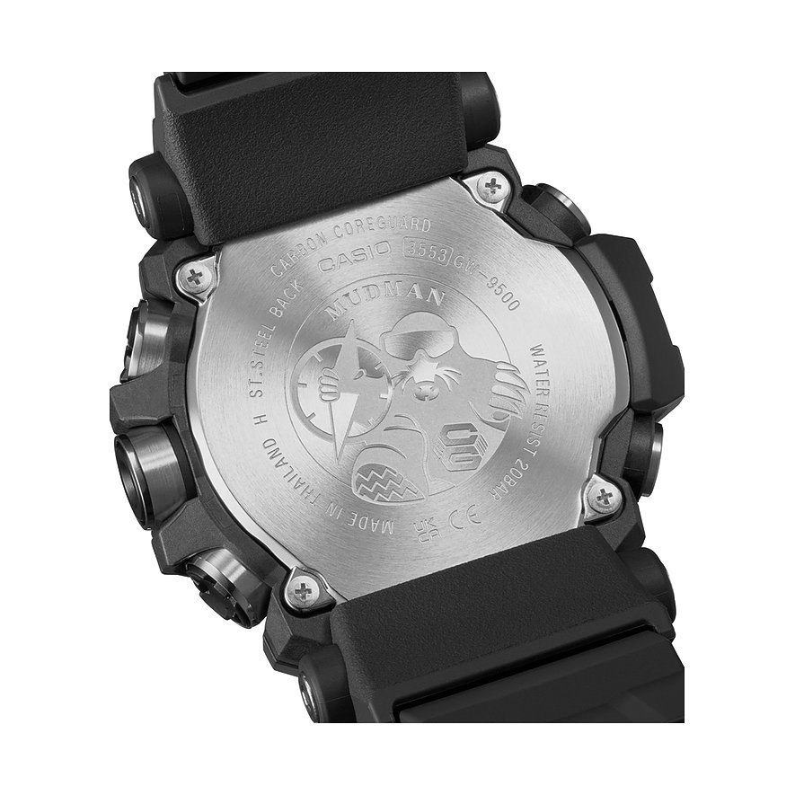 Die Rückseite einer G-Shock Herrenuhr aus Resin, mit eingeprägtem Mudman-Logo und den Produktinformationen.