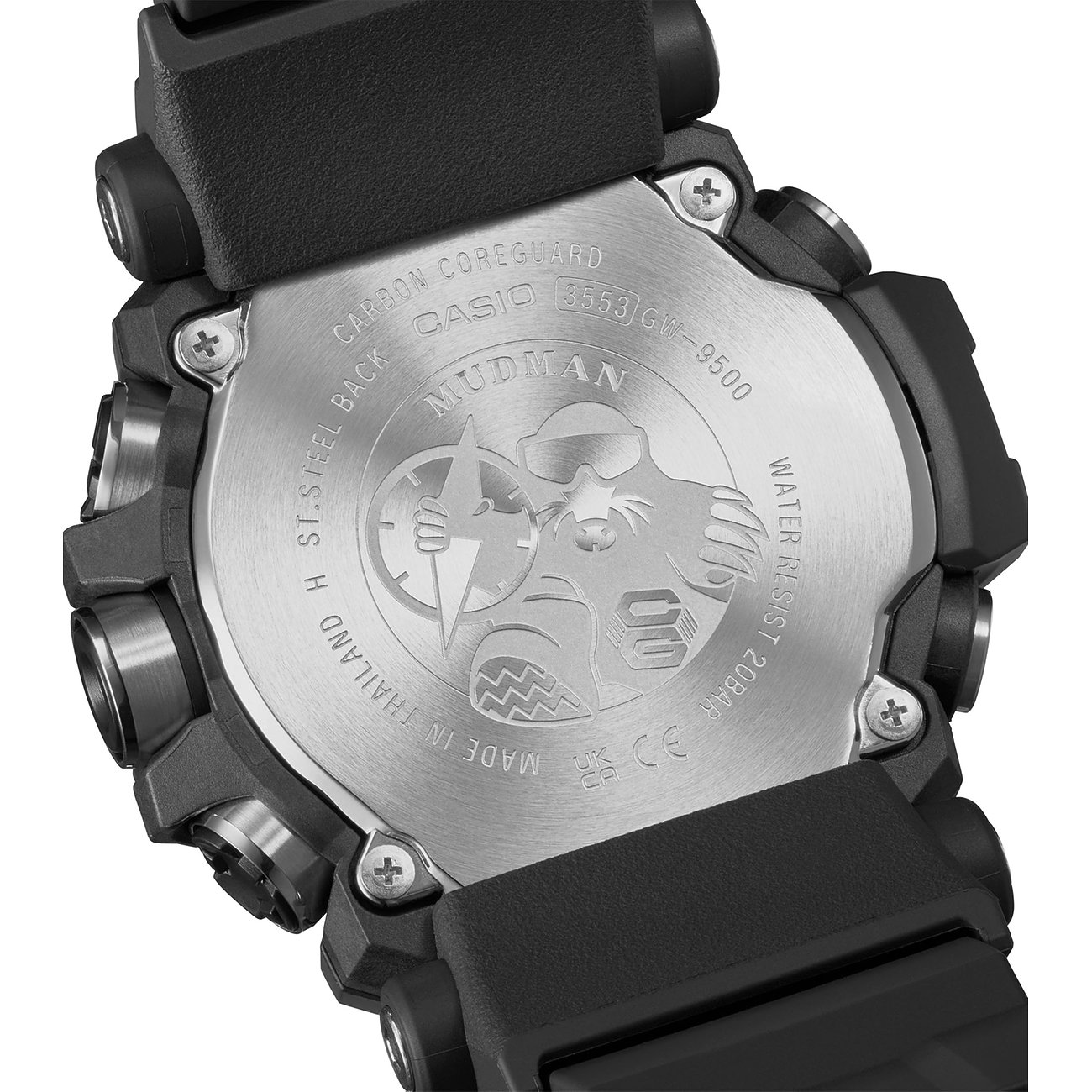 Die Rückseite einer G-Shock Herrenuhr aus Resin, mit eingeprägtem Mudman-Logo und den Produktinformationen.