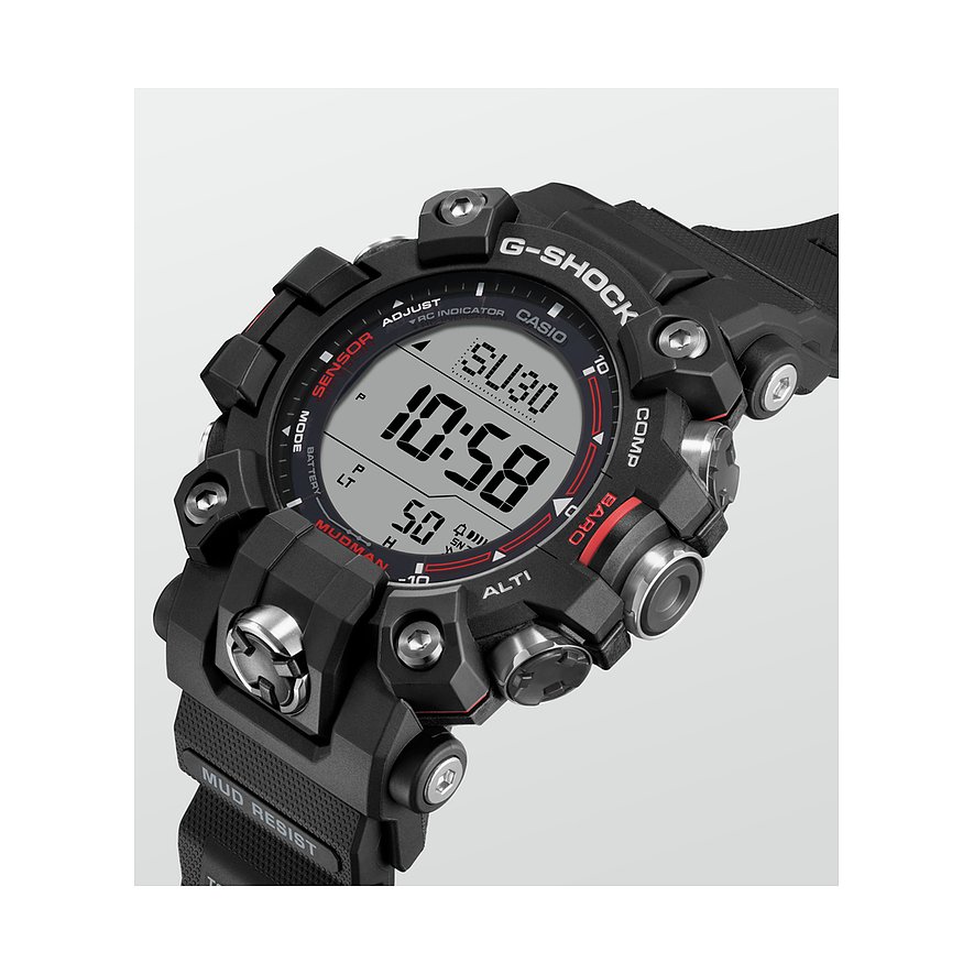 Nahaufnahme der G-Shock Herrenuhr aus Resin in Schwarz mit digitaler Anzeige und roten Akzenten.