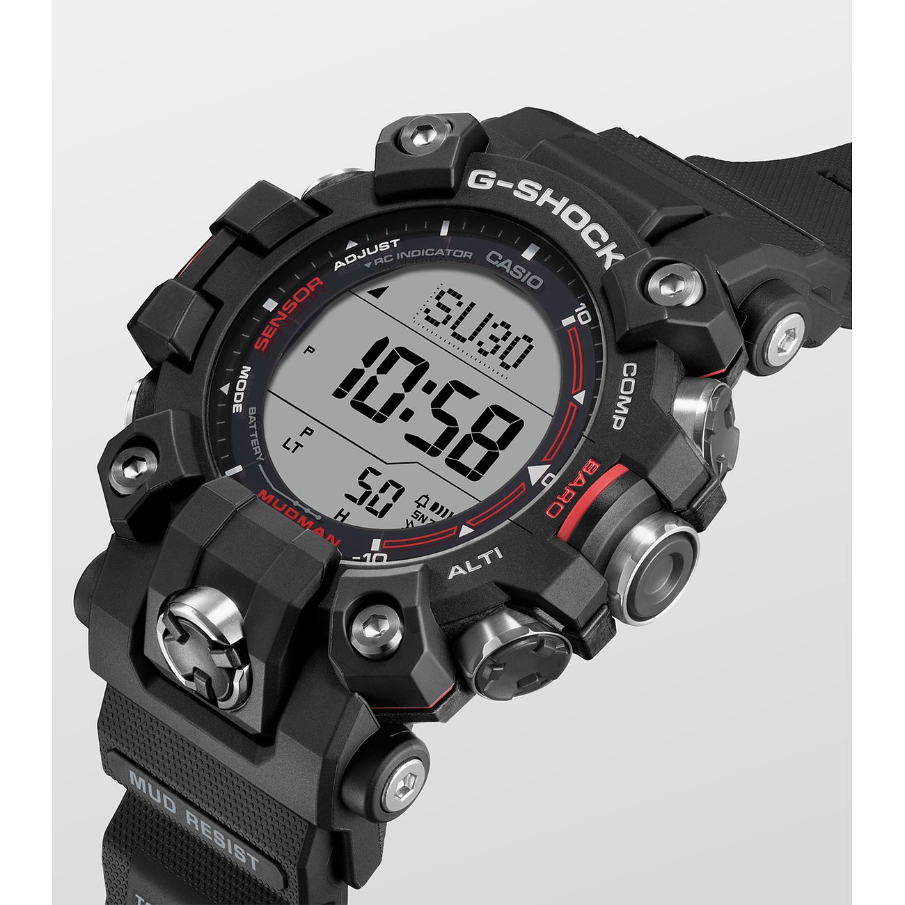 Nahaufnahme der G-Shock Herrenuhr aus Resin in Schwarz mit digitaler Anzeige und roten Akzenten.